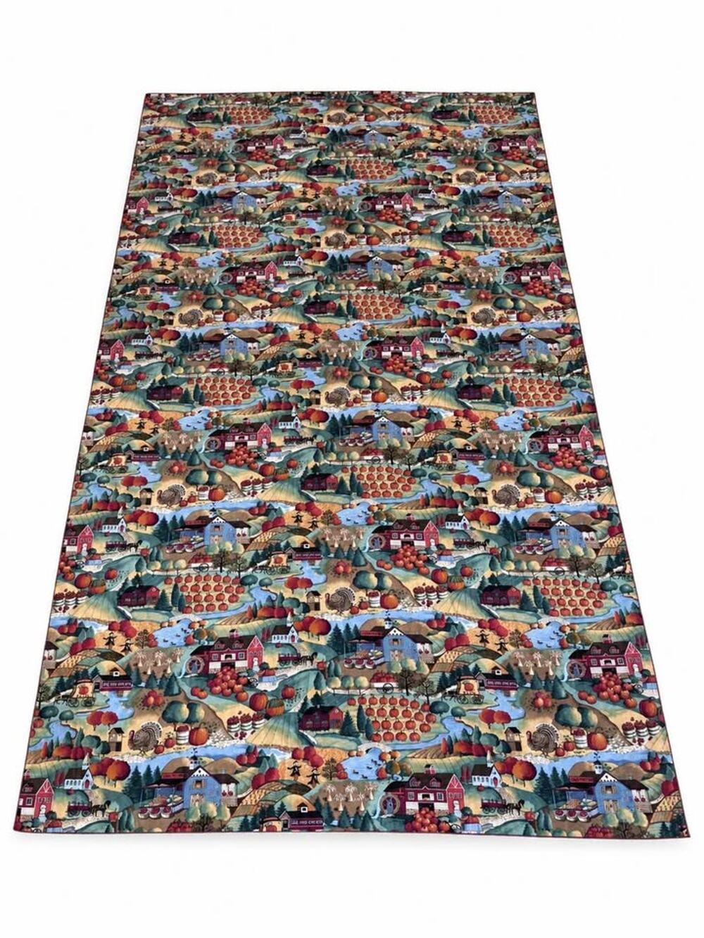 Vintage Joan Kessler Folk Art Autumn Harvest Fall Farm Cotton Tablecloth/Fabric